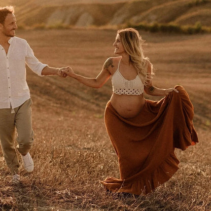 Maternity Bohemian Knitted Camisole Vest Orange Linen Cotton Skirt