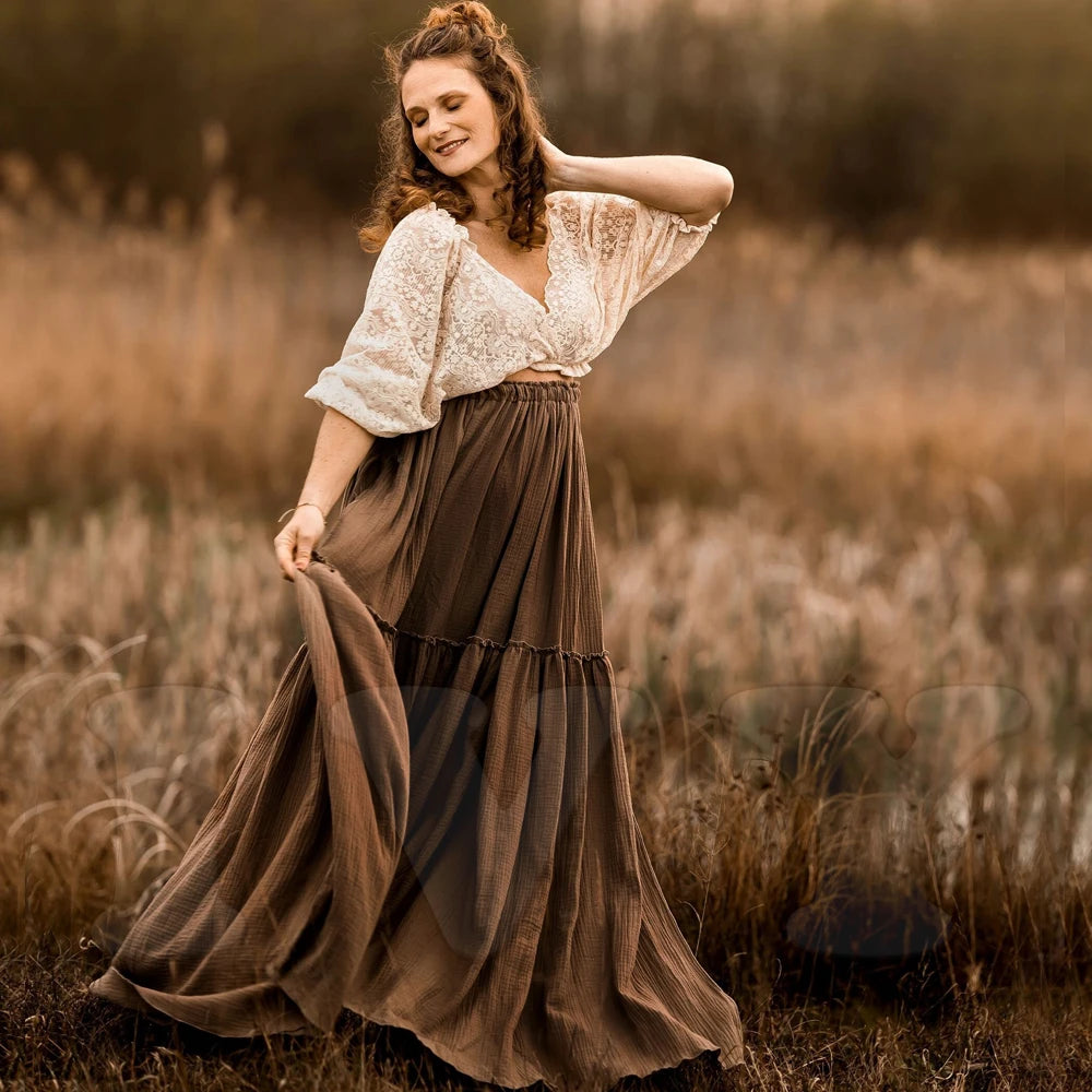Maternity Bohemian Dual Color Design Two-pieces Set Vintage Lace Top Linen Cotton Skirt