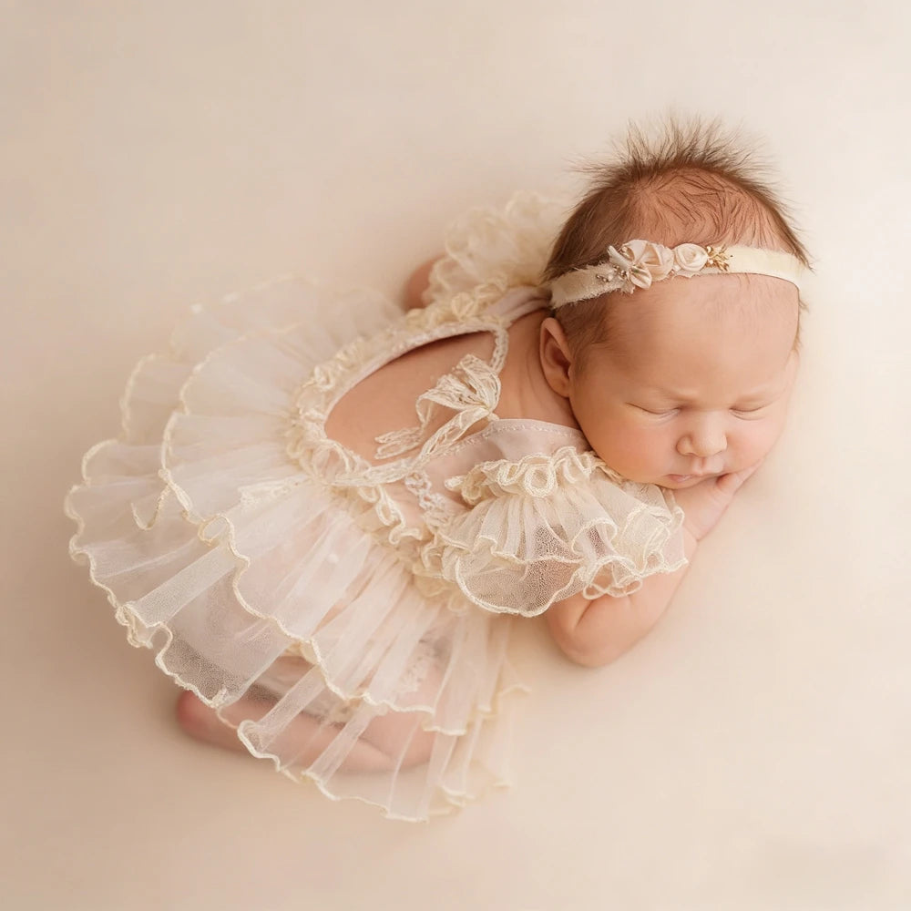 Lace Tutu Romper Newborn Beige Tulle Bodysuit Baby Dress