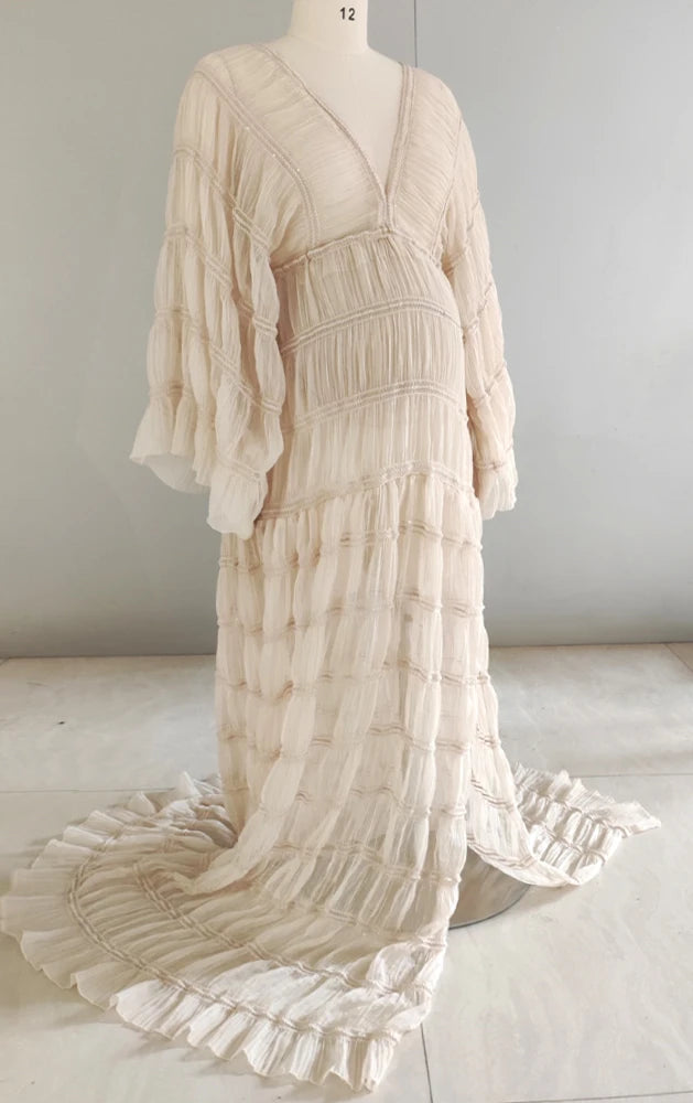 Maternity Pleated Chiffon Tulle Ruffles Dress Boho Style