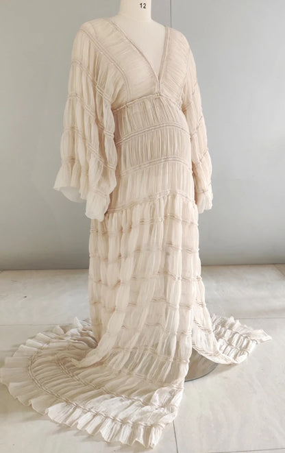 Maternity Pleated Chiffon Tulle Ruffles Dress Boho Style