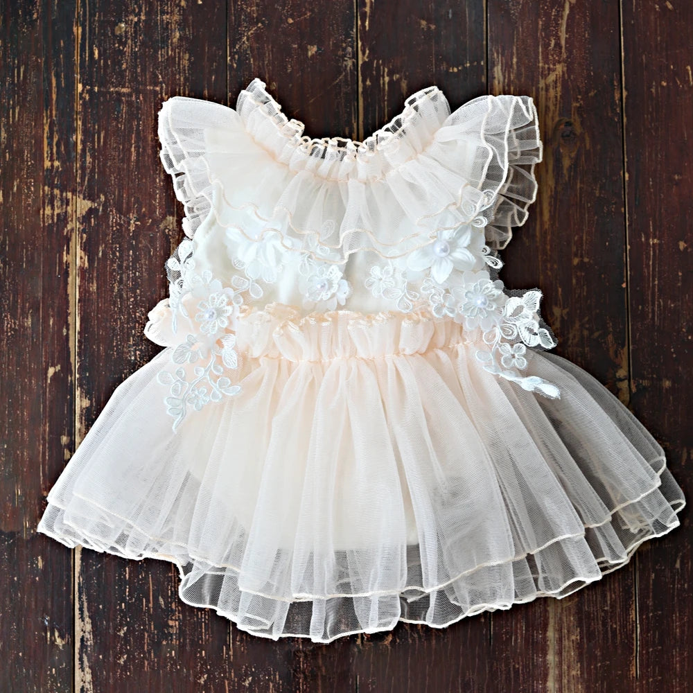 Newborn Beige Lace Tulle Dress Baby Costume Elegant Style Newborn Set