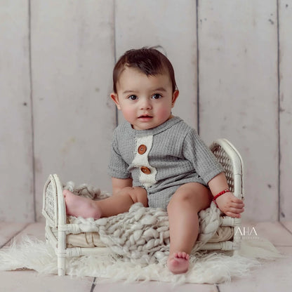 Newborn Baby Boy Waffle Romper Gray Bodysuit Wooden Buttons Costume