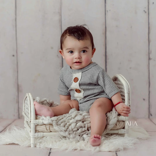 Newborn Baby Boy Waffle Romper Gray Bodysuit Wooden Buttons Costume