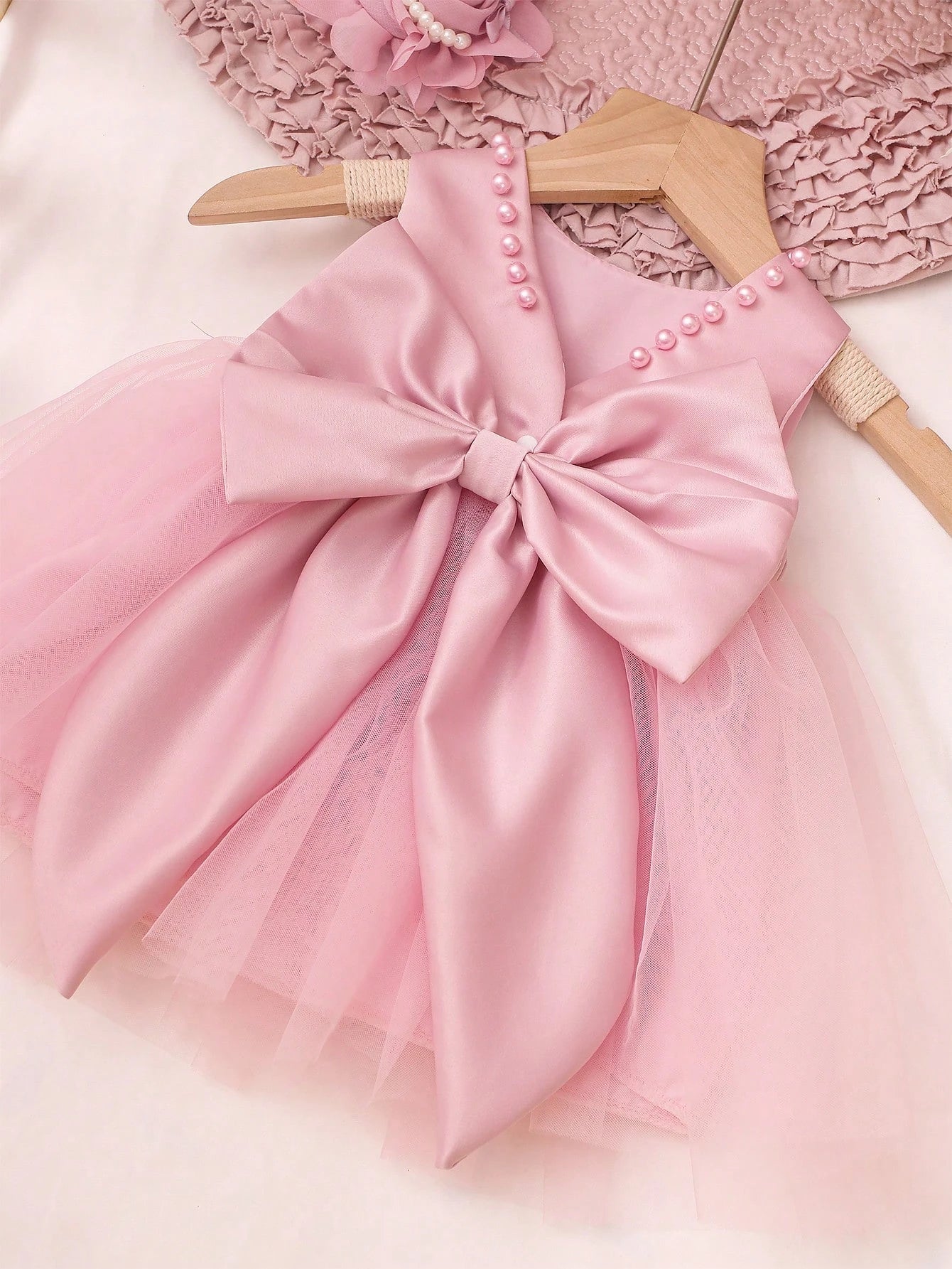 2pcs Baby Girl Pearl Style Dress Rose Flower Headband Newborn Set