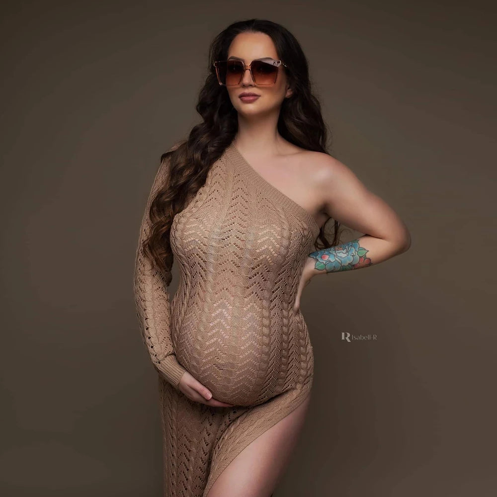 Maternity High Slit Knitted Dress One Shoulder Long Skirt