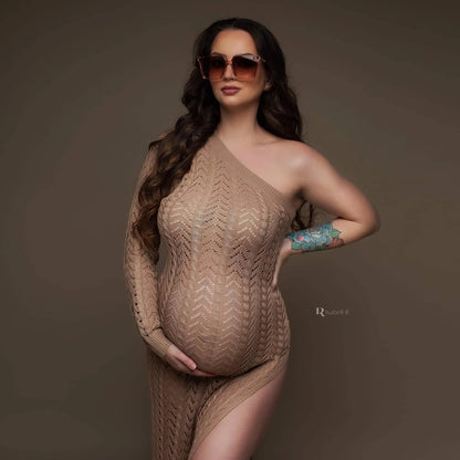 Maternity High Slit Knitted Dress One Shoulder Long Skirt