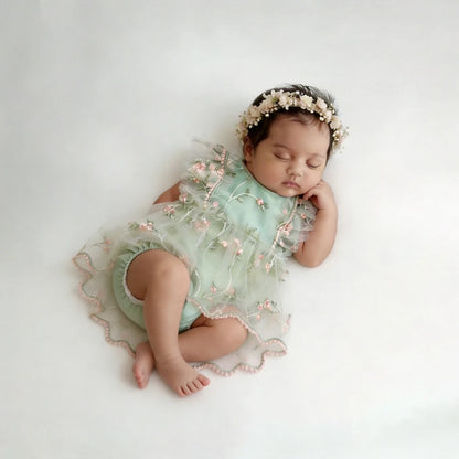 Newborn Girl Romper Embroidered Floral Tulle Boho
