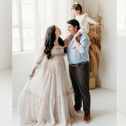 Maternity Elegant Floral Chiffon Dress One Shoulder Long Sleeved Two-piece