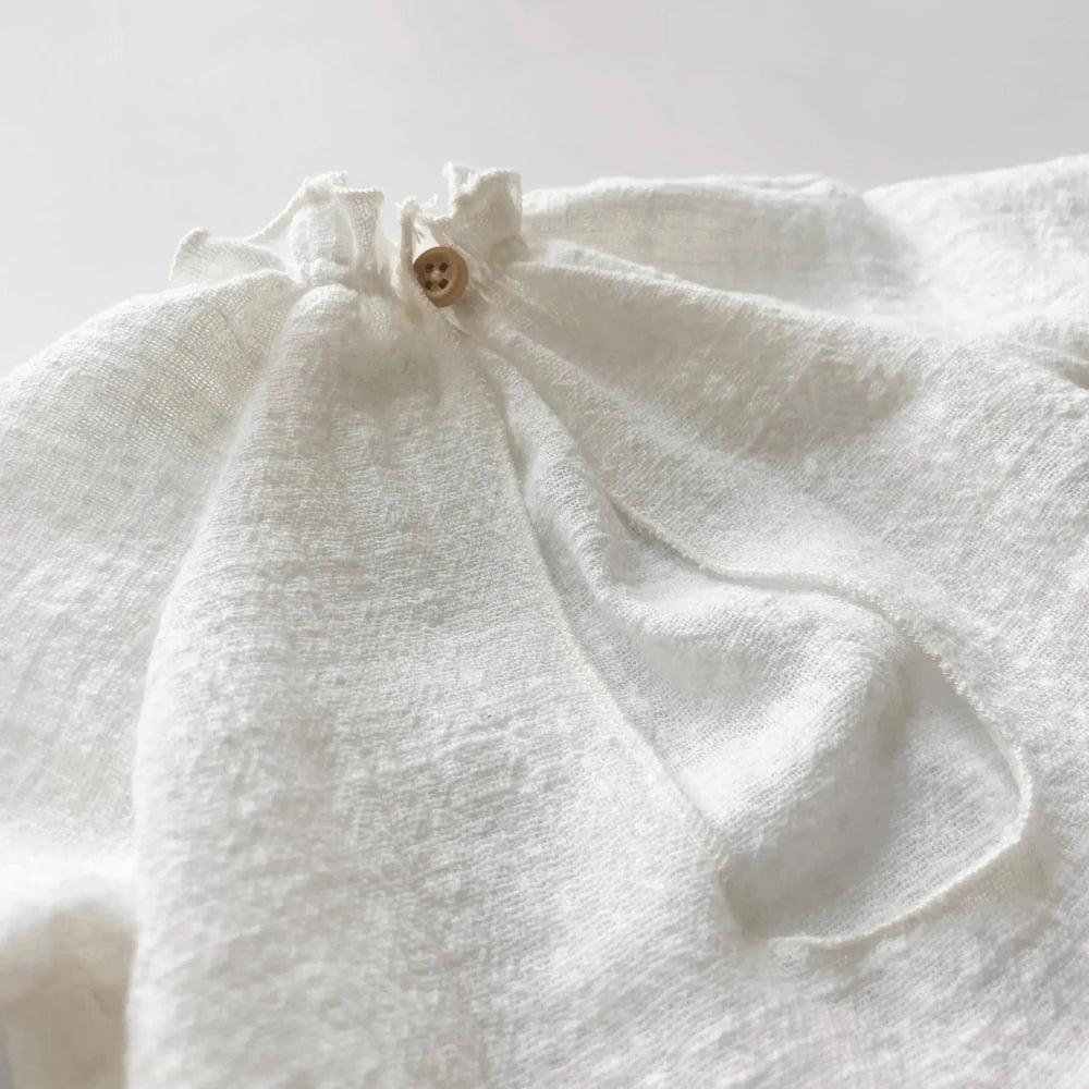 Vintage Newborn White Long Sleeve Romper Back Cutout Ruffle Detail Baby