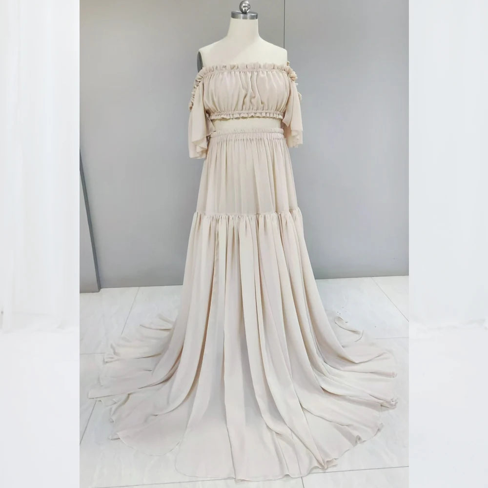 Solid Color ChiffonMaternity Dress Off The Shoulder Elastic Strapless Short Sleeved Dress Suitable For Female Photography