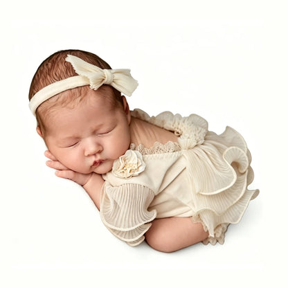 Baby Girl Ruffle Sleeve Romper Flower Bodice Bow Headband Newborn