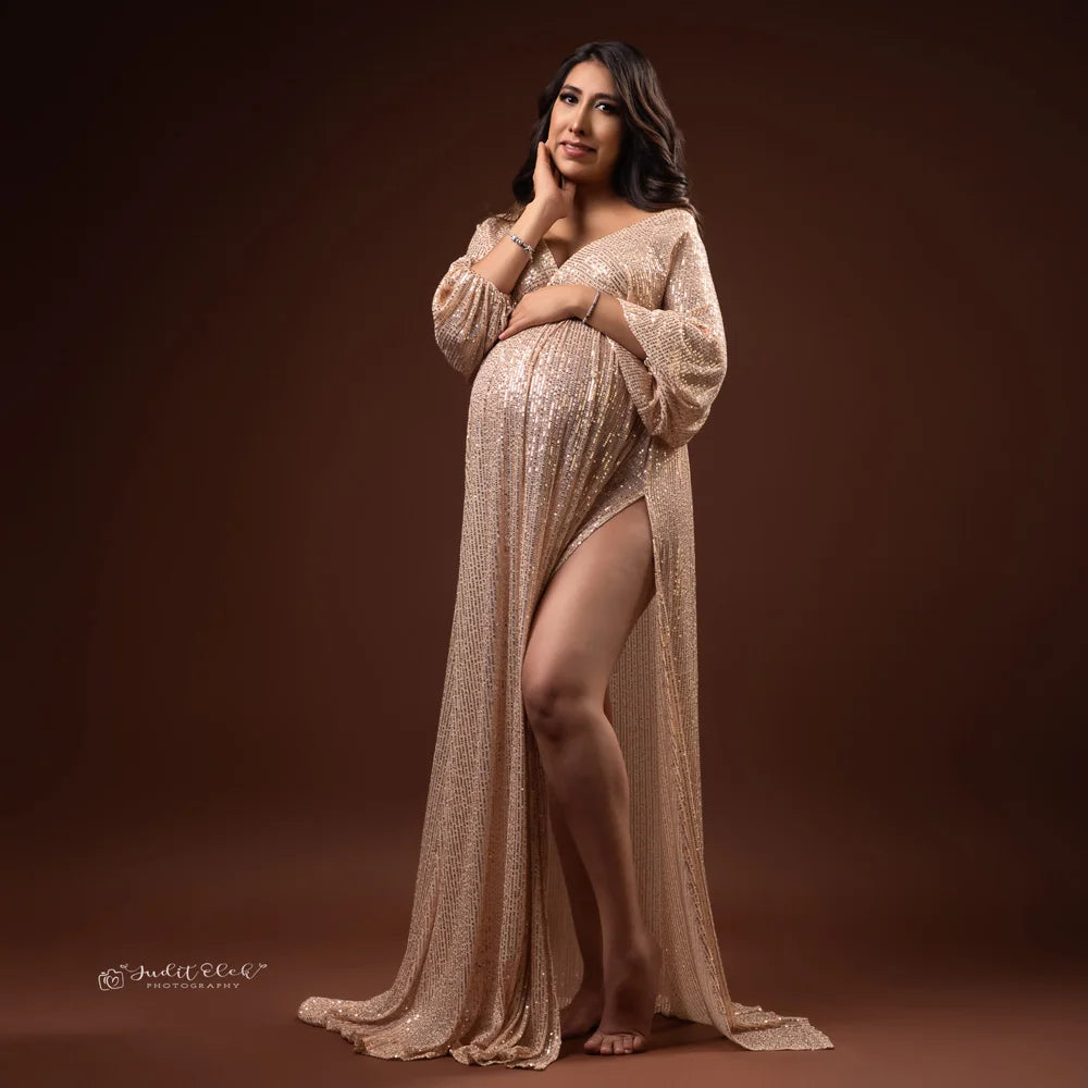 Champagne Sequin V-Neck Maternity Gown for Fine Art Photography