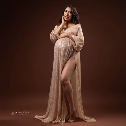 Maternity Dress V-neck Champagne Sequin Party