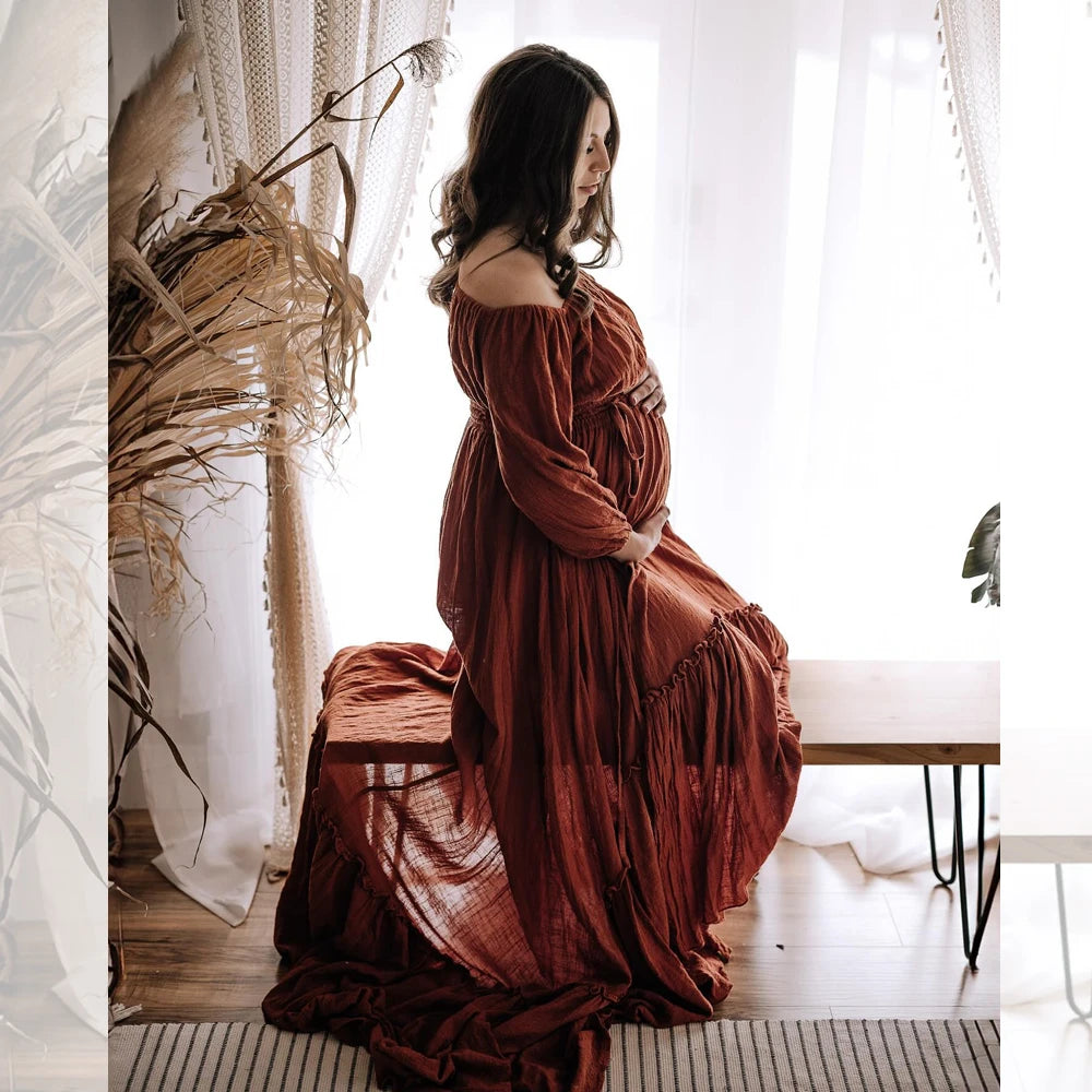 Maternity Comfortable Linen Cotton Two-piece Set Long Sleeved Short Top Lace Up Floor Mop Dress Bohemian Style Photo