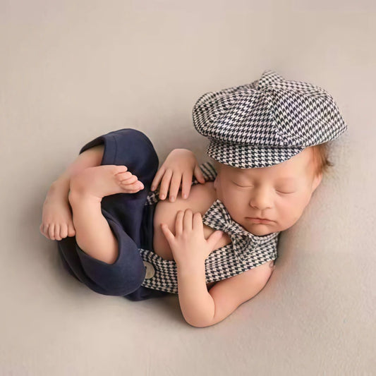 Newborn Baby Boy Vintage Gentleman Houndstooth Suspender Pants Newsboy Cap 0-3m Newborn Set