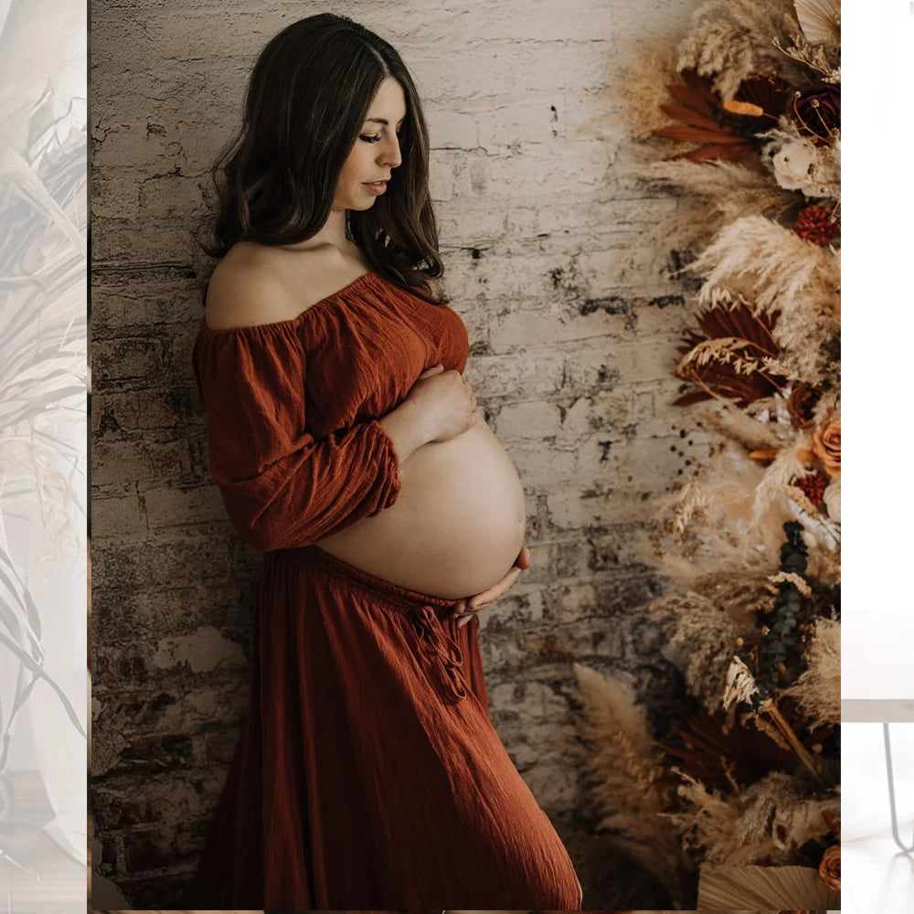 Maternity Comfortable Linen Cotton Two-piece Set Long Sleeved Short Top Lace Up Floor Mop Dress Bohemian Style Photo