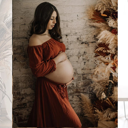 Maternity Comfortable Linen Cotton Two-piece Set Long Sleeved Short Top Lace Up Floor Mop Dress Bohemian Style Photo