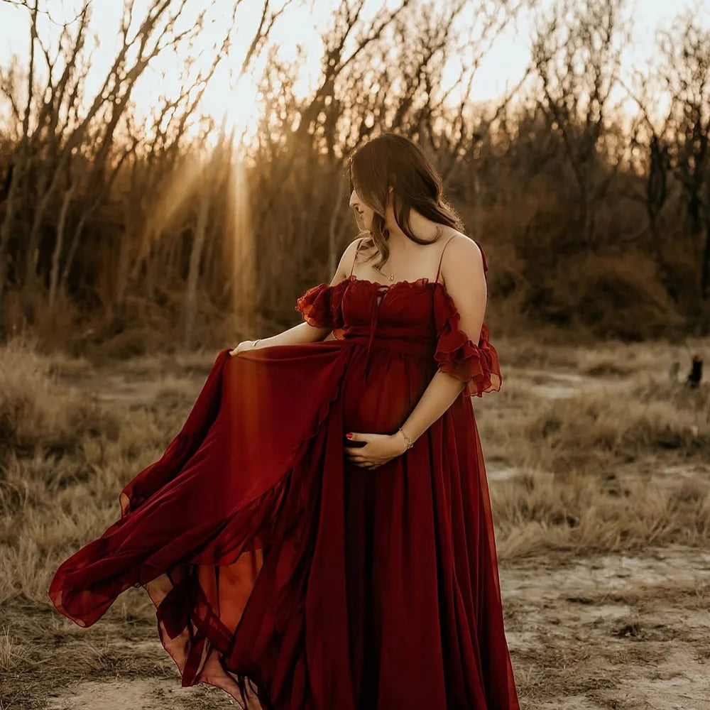 Maternity Photography Photography Studio Costumes Wine Red Elegant Chiffon Dress Photo Shoot Dress For Pregnant Women