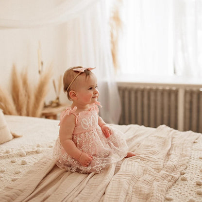 Pink Floral Embroidered One Year Birthday Baby Girl Dress Bow Headband Smocked Tulle Newborn Set