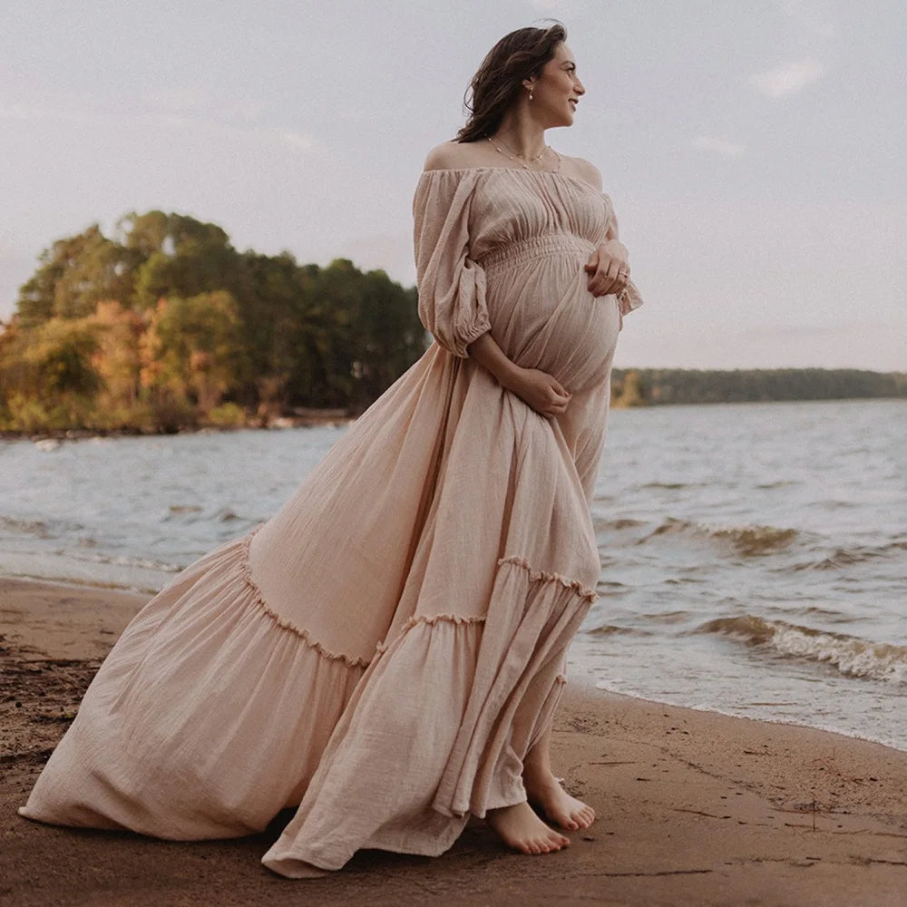 Bohemian Pregnancy Dress Vintage Comfortable Linen Cotton Off Shoulder Long Sleeved Dress Boho Style Baby Shower Dress