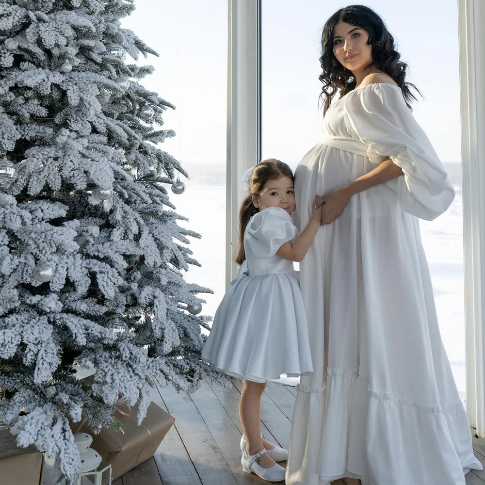 Bohemian Photo Shooting Pregnancy Dress Solid color soft cotton off shoulder waist lace up loose bubble sleeves maternity dress