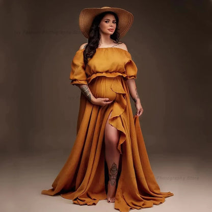 Maternity Bohemian Ruffle Edge Off Shoulder Short Sleeve Linen Cotton Dress Boho Style Baby Shower