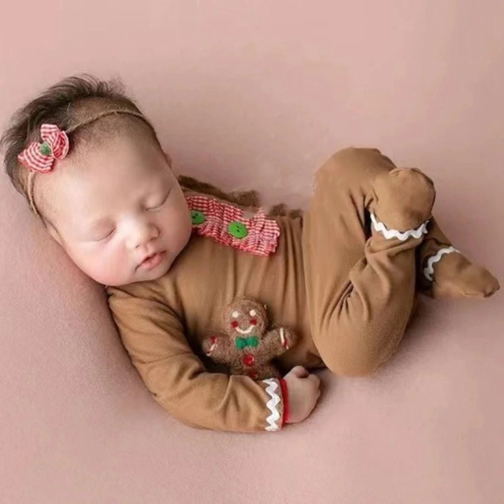 Newborn Christmas Gingerbread Long Sleeve Romper Hat Set Baby Holiday Costume Boutique