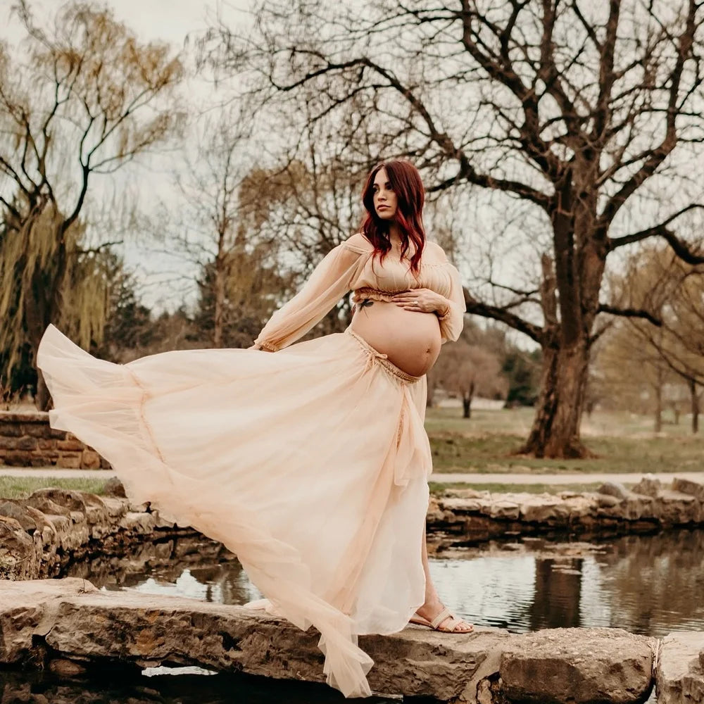 Maternity Dresses For Photo Shoot Sexy Transparent Chiffon Off Shoulder Ruffled Sleeves Two-Piece Dress Baby Showers Dress