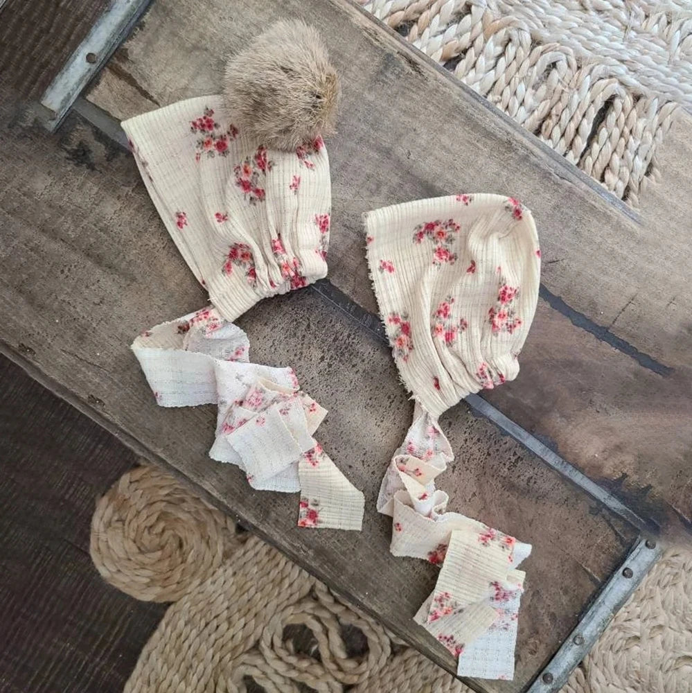 Floral Bonnet Baby Pom Hat Headband Newborn Girl