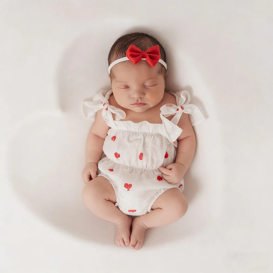 Newborn Baby Girl White Heart Print Lace Shoulder Romper Princess Costume