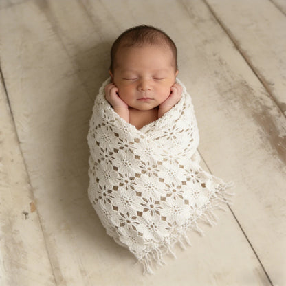 Beige Lace Crochet Floral Swaddle Blanket Baby Wrap Studio Soft Cotton Fabric