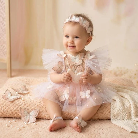 Newborn Butterfly Theme Girl Tutu Romper Pearl Beads Princess Dress Studio Clothing