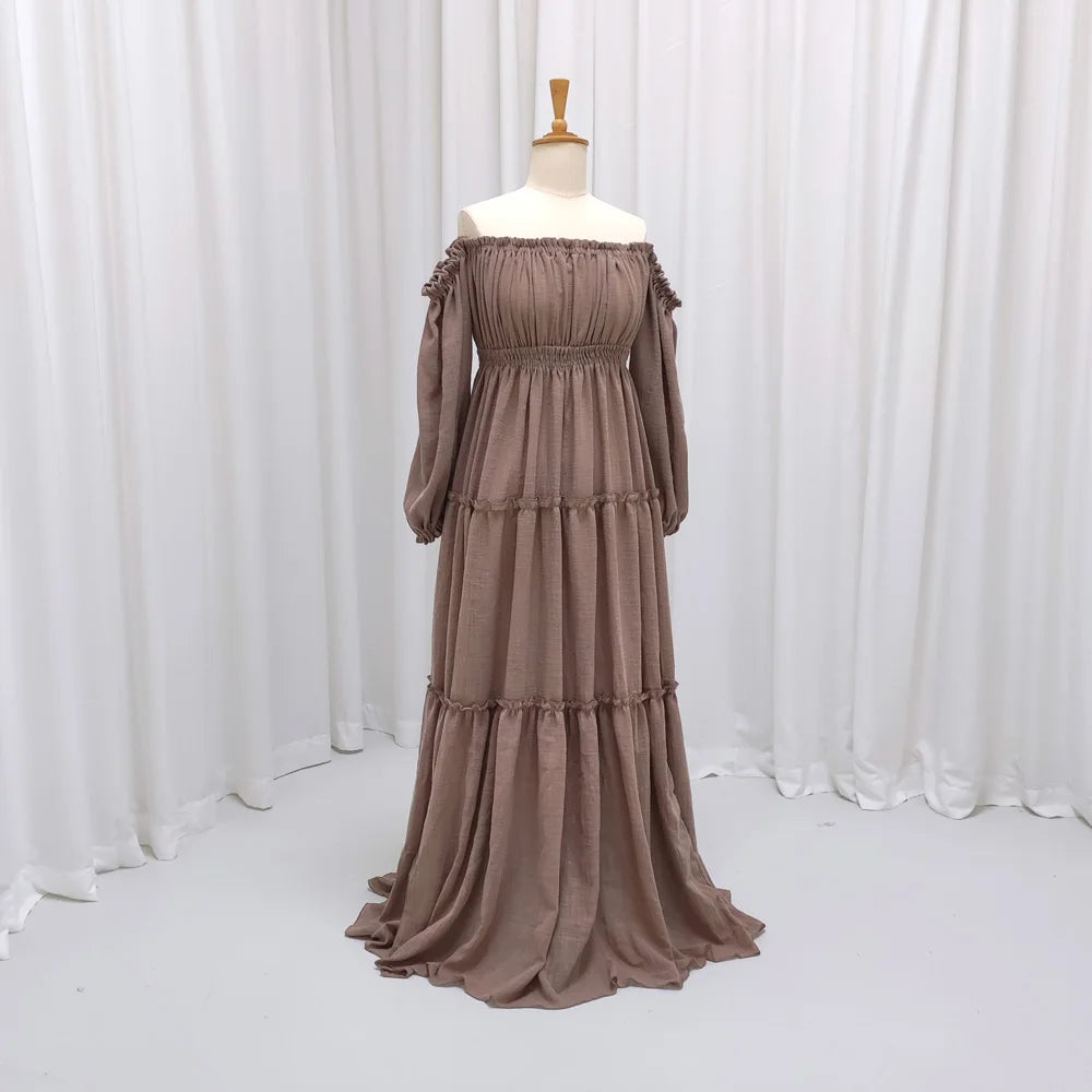 Soft Linen Cotton Off Shoulder Long Sleeved Cake Dress Bohemian Photo Shooting Pregnancy Dress Photography Dress For Women