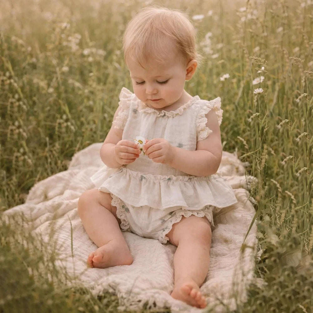 Baby Girl Romper Set Cream White Floral Embroidered Ruffle Shorts Outdoor Field Maternity Sibling