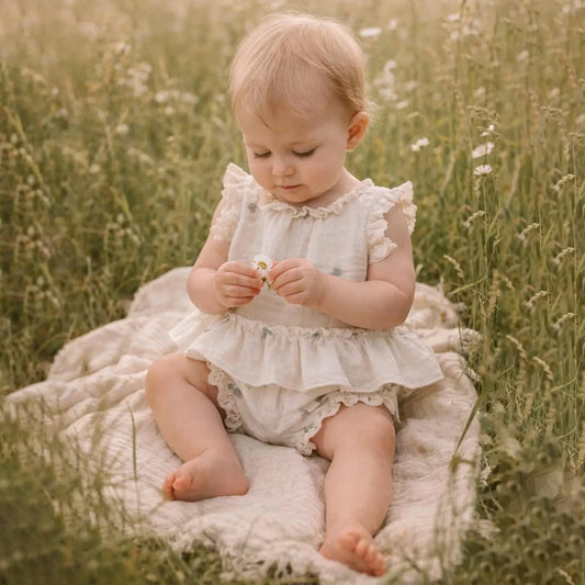 Baby Girl Romper Set Cream White Floral Embroidered Ruffle Shorts Outdoor Field Maternity Sibling