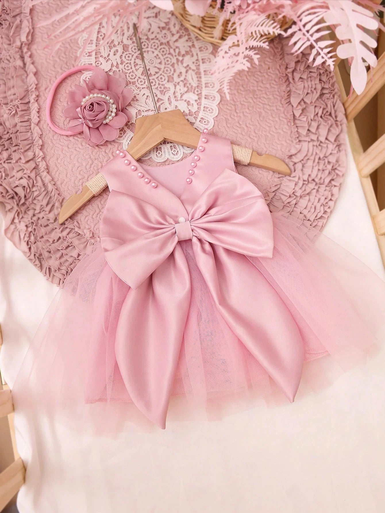2pcs Baby Girl Pearl Style Dress Rose Flower Headband Newborn Set