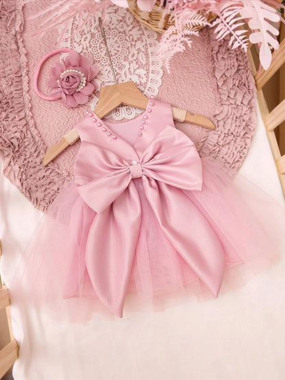 2pcs Baby Girl Pearl Style Dress Rose Flower Headband Newborn Set