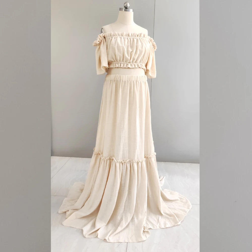 Women Boho Dress Comfortable Linen Cotton Maternity Clothing Vintage  Short Sleeve Dress For Pregnancy Photo Shoot