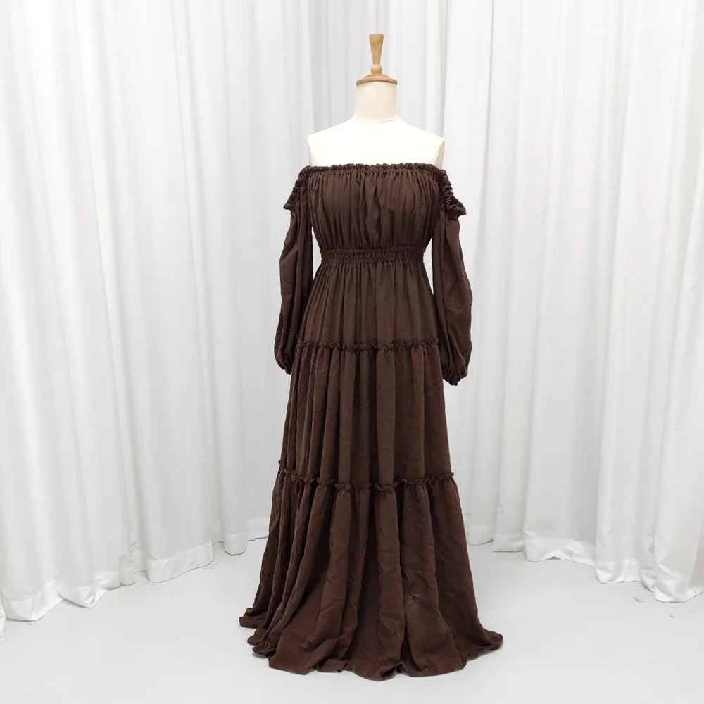 Soft Linen Cotton Off Shoulder Long Sleeved Cake Dress Bohemian Photo Shooting Pregnancy Dress Photography Dress For Women