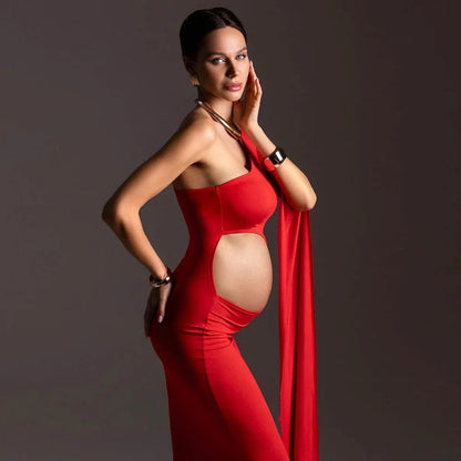 Maternity Baby Showers Hollow Out Design Red Dress One Shoulder Extra Long Sleeves