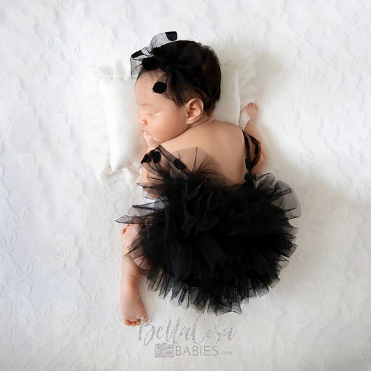 Black Polka Dot Tutu Romper Newborn Baby Girl Tulle Skirt Bow Headband Professional Studio Photos