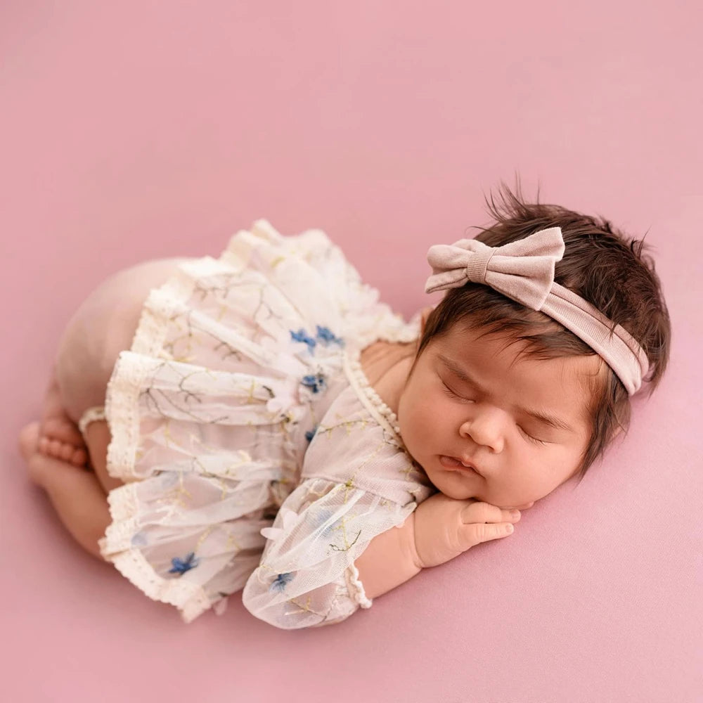 Newborn Girl White Lace Tutu Romper Blue Floral Embroidery Baby Dress Princess