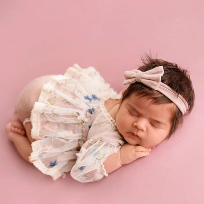 Newborn Girl White Lace Tutu Romper Blue Floral Embroidery Baby Dress Princess