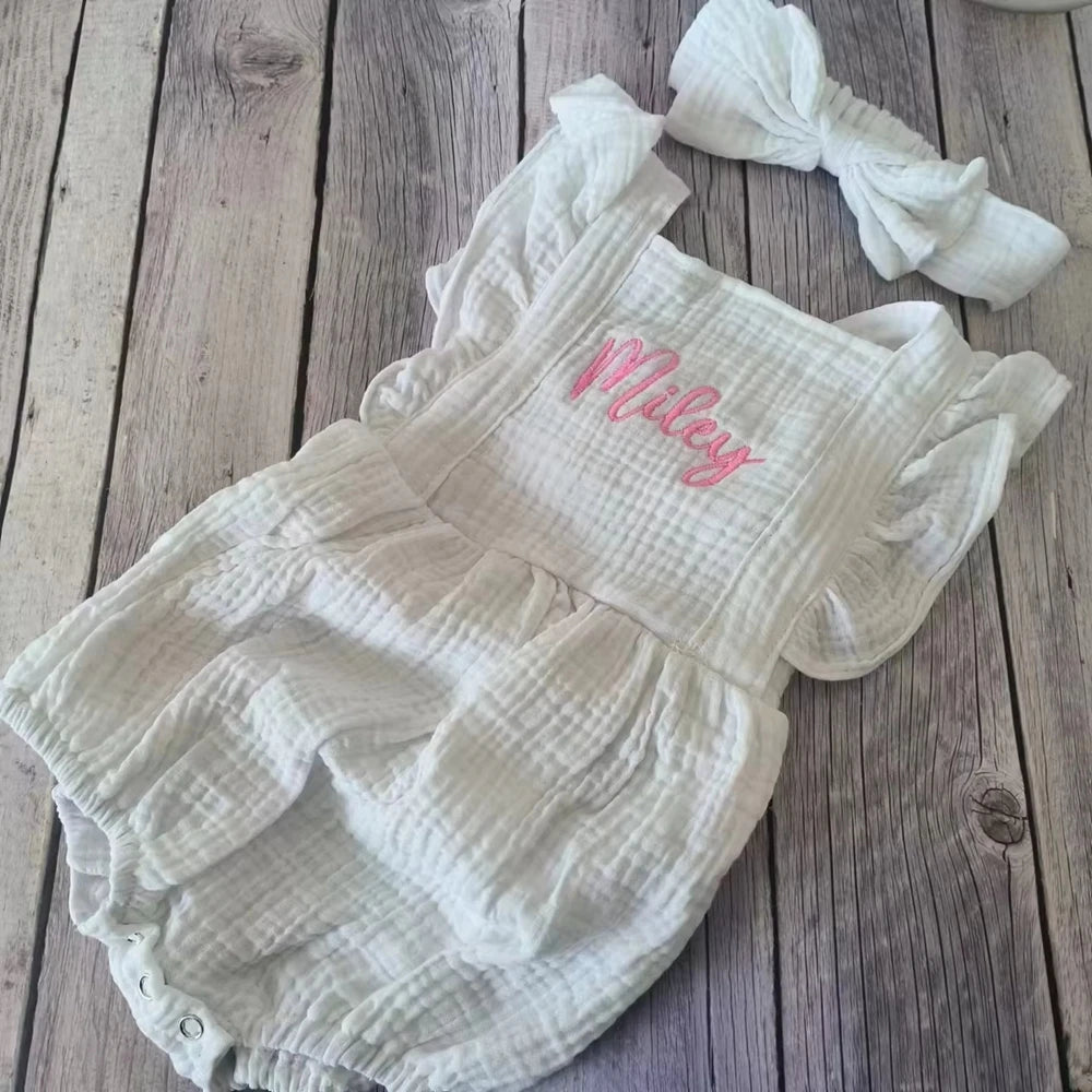 Personalized Baby Girl Muslin Romper Ruffle Shoulders Custom Name Embroidery Bow Headband