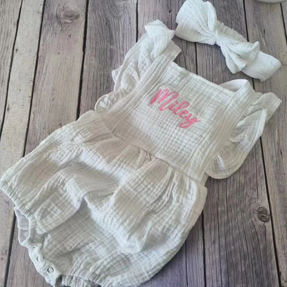 Personalized Baby Girl Muslin Romper Ruffle Shoulders Custom Name Embroidery Bow Headband