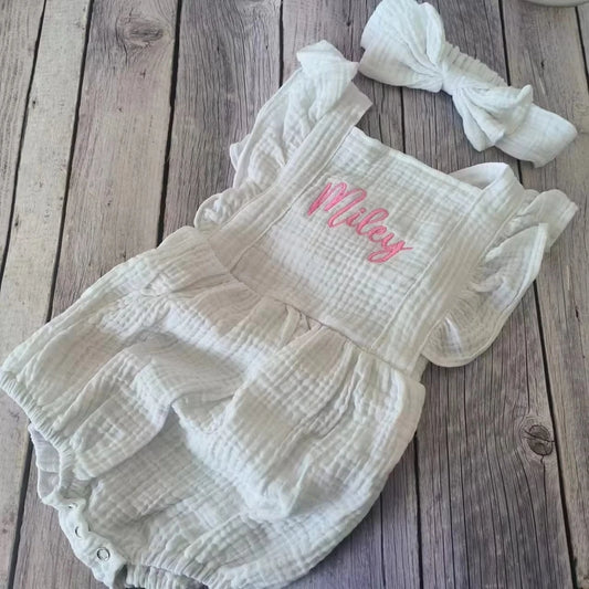 Personalized Baby Girl Muslin Romper Ruffle Shoulders Custom Name Embroidery Bow Headband