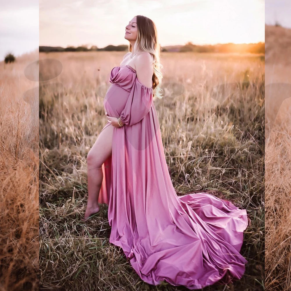 Maternity Soft Satin Off Shoulder Woman Baby Shower Gift Dress