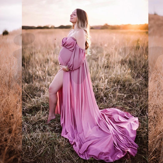 Maternity Soft Satin Off Shoulder Woman Baby Shower Gift Dress
