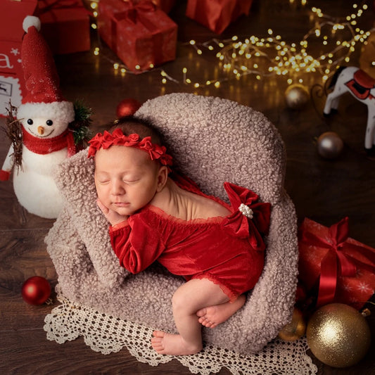 Newborn Baby Girl Red Velvet Christmas Romper Photo Bodysuit Off-shoulder Bow 0-3m